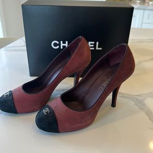Chanel burgundy. and black and suede pumps. Perfect condition worn once.
